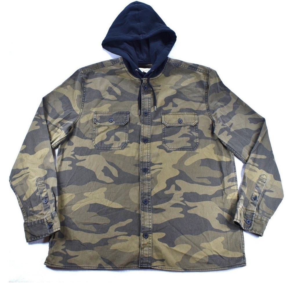 Aeropostale Mens Camo Hooded Button Down Shirt Jacket Green Brown Medium